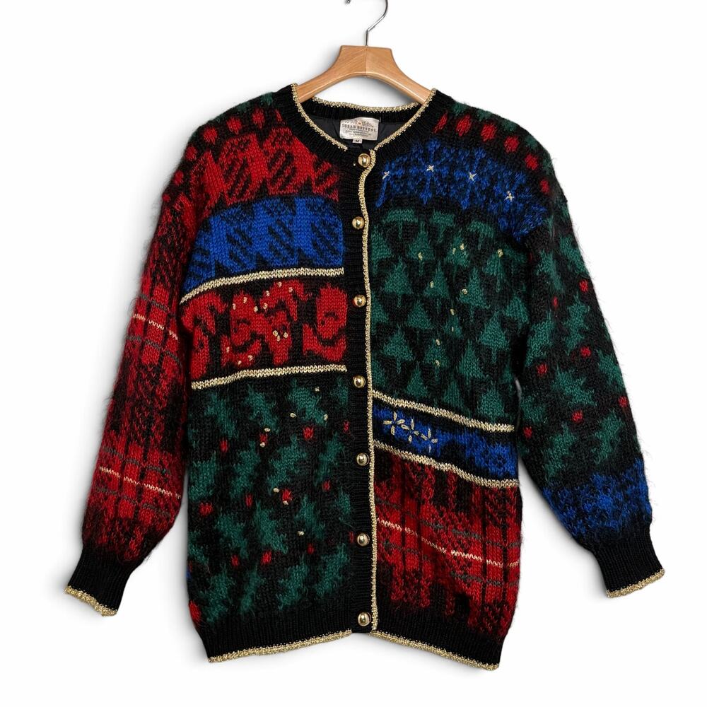 Susan Bristol Patchwork Jacket Size M Mohair Wool Cardigan Christmas 90's VTG